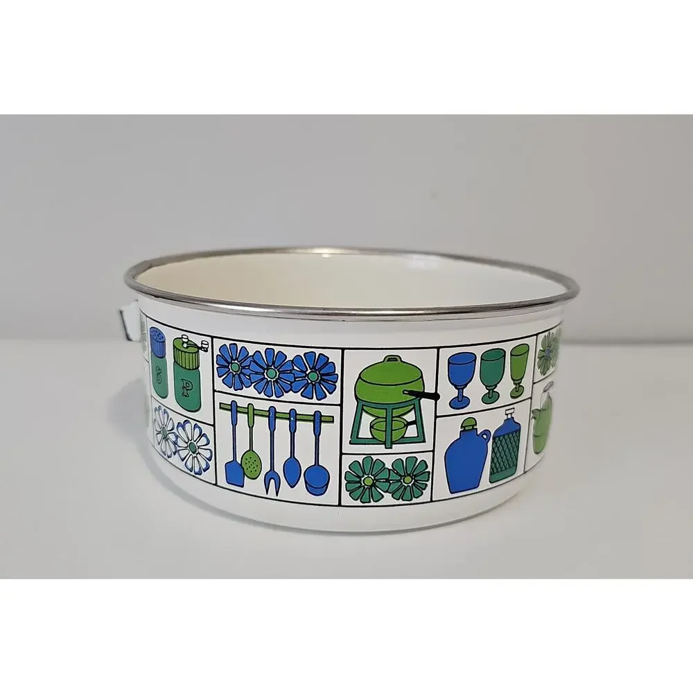 vintage MCM Enamelware Pot Retro 70s Fower Power Cookware Green Blue